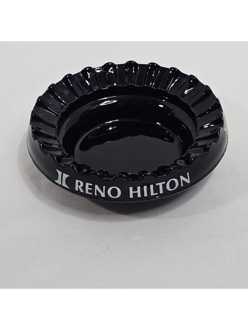 Reno Hilton Black Glass Ashtray With Ribbed Design 4.5 Inches Collectible Vintag